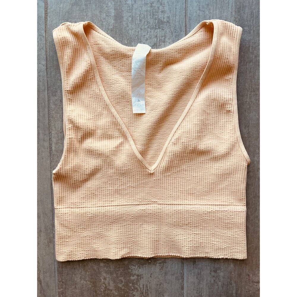 A by AVOCADO V Neck Stretch Fitted Athletic Workout Crop Top Ribbed Orange S / M